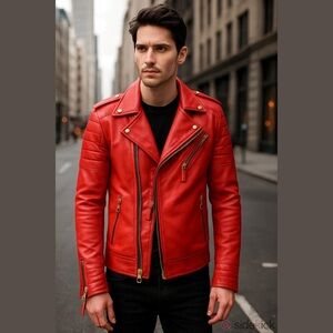 INFINITY Men's Bold Red Lambskin Leather Moto Jacket size S